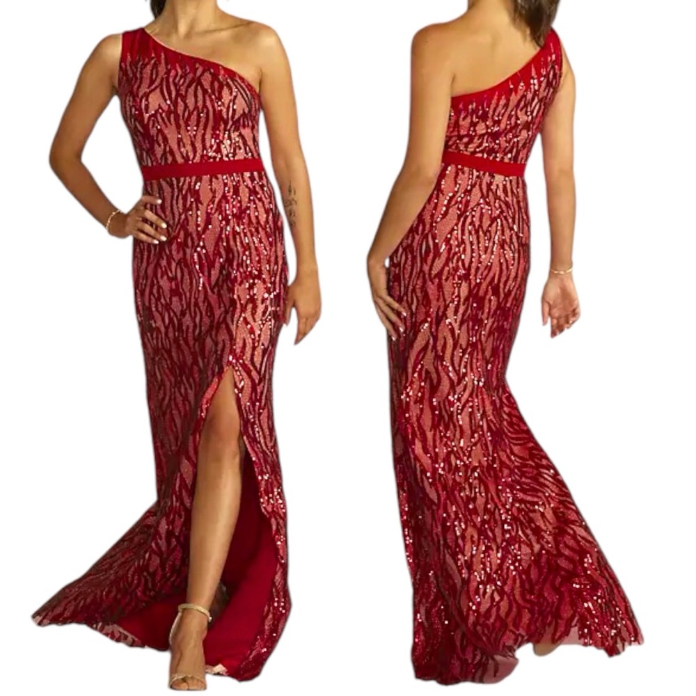 Galina Signature Sequin Lace One Shoulder Sheath Gown Size 18